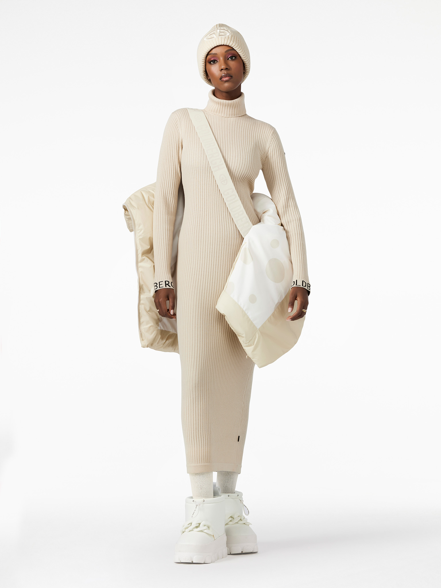 Mireille Long Sleeve Knit Dress Champagne Outfit